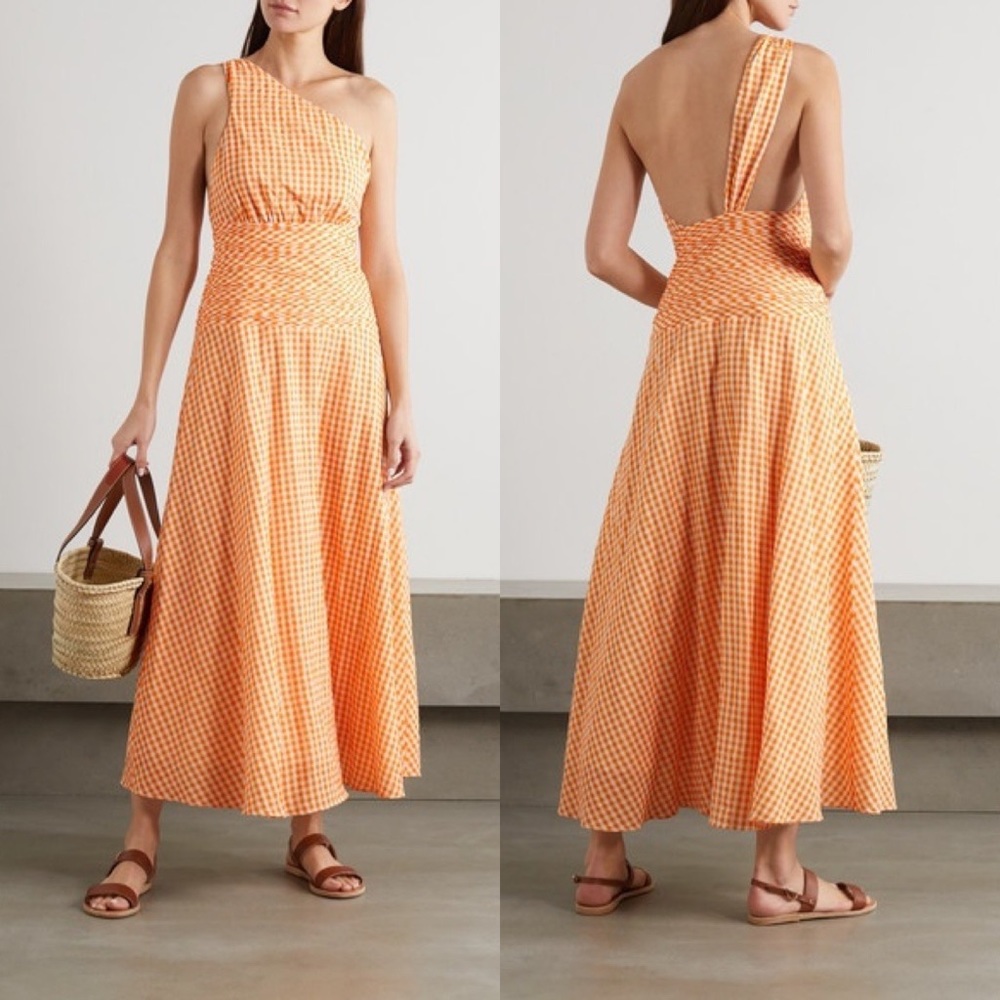 Peony Swimwear Mandarin One Shoulder Gingham Midi Dress